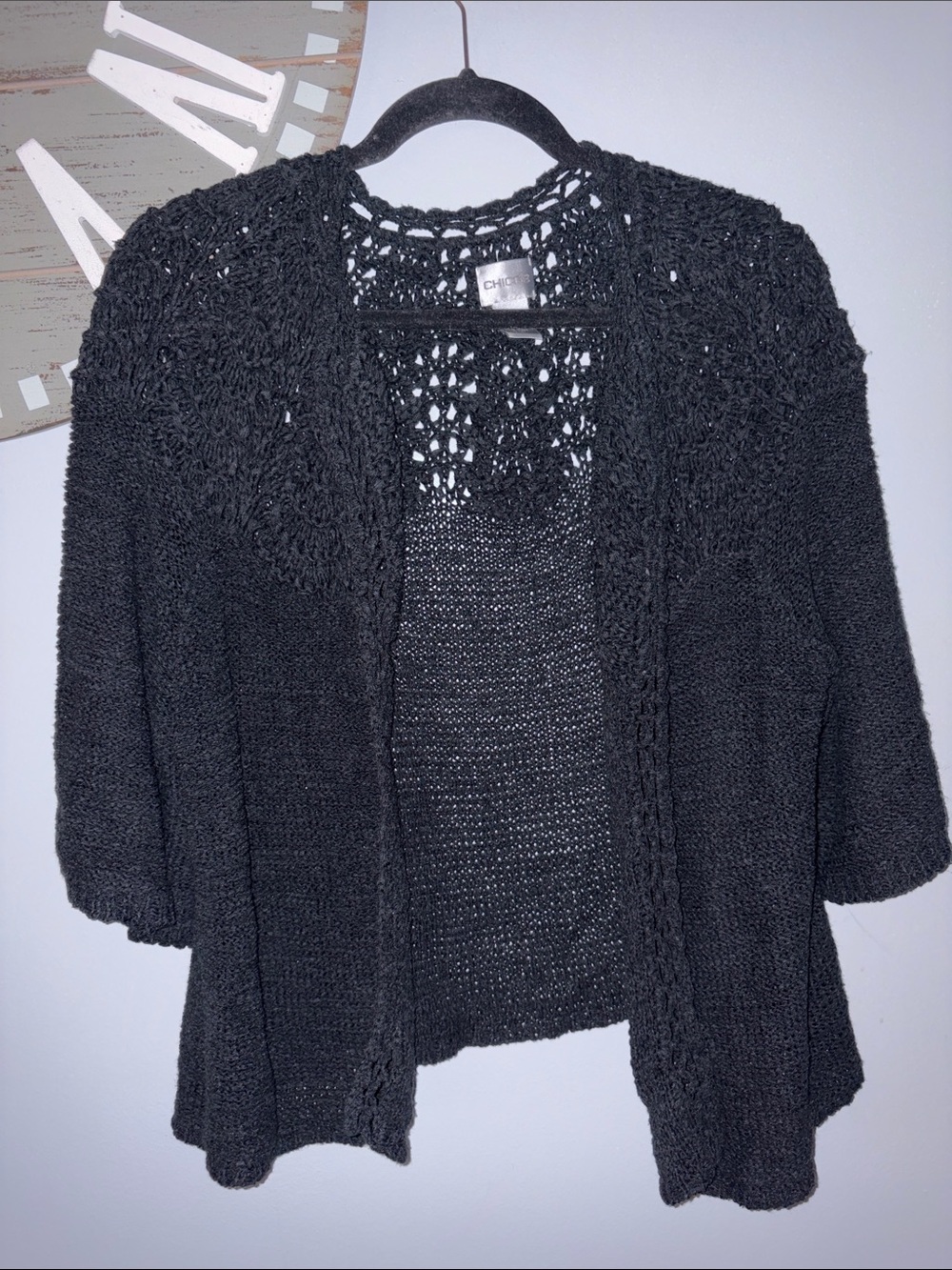Chico's Black Open Crochet-Yoke Cardigan size 2